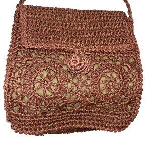 Vintage Handmade woven straw cross body flap cotton lined crossbody bag purse